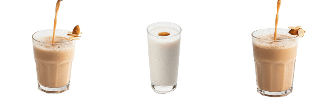 Almond seed nut beverage served inside a transparent clear glass vessel, showcasing organic plant fluid parameters, distinct cellular taxonomy traits, botanical properties within culinary drink file.