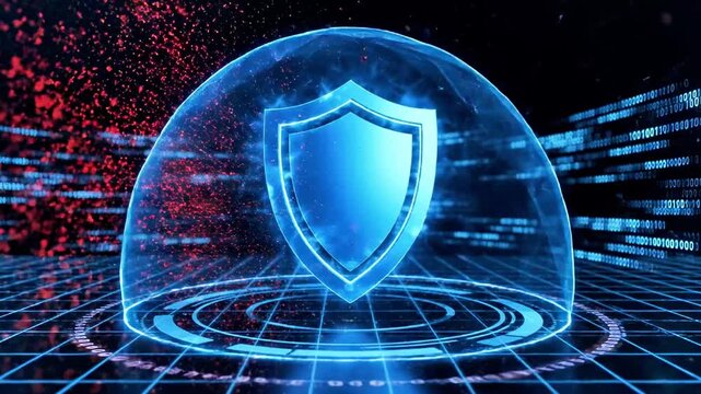 A glowing blue shield enclosed in a dome with a futuristic red and blue background