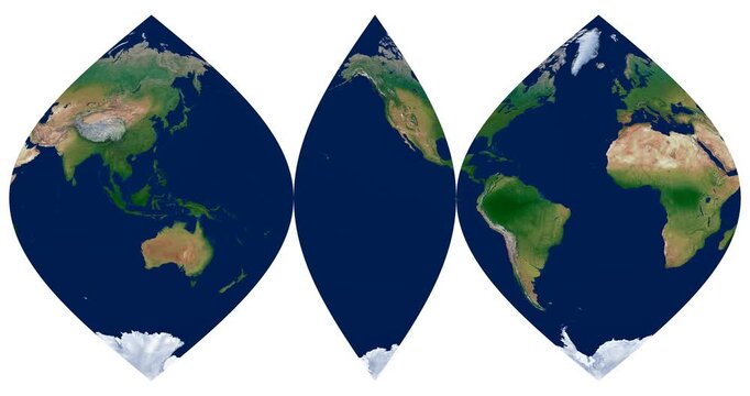 World Map. Interrupted sinusoidal projection. High detail animation of Earth's physical map with longitude rotation.
