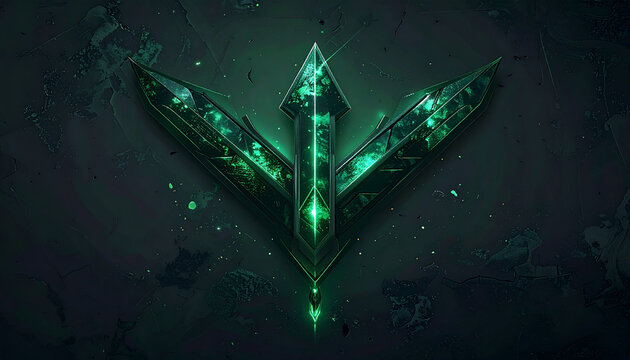 Glowing green neon emblem with futuristic wings and sharp tip