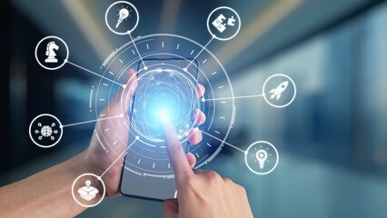 Obraz premium Innovation icons show creativity, teamwork, and project development. Innovation helps organizations design solutions, build strategy, and grow with new business opportunities. Gist