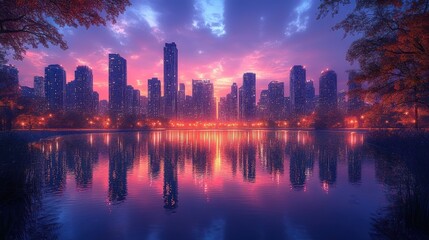 Fototapeta premium Vibrant Cityscape At Dusk Reflecting In Calm Water With Warm Sunset Hues Illuminating The Skyline