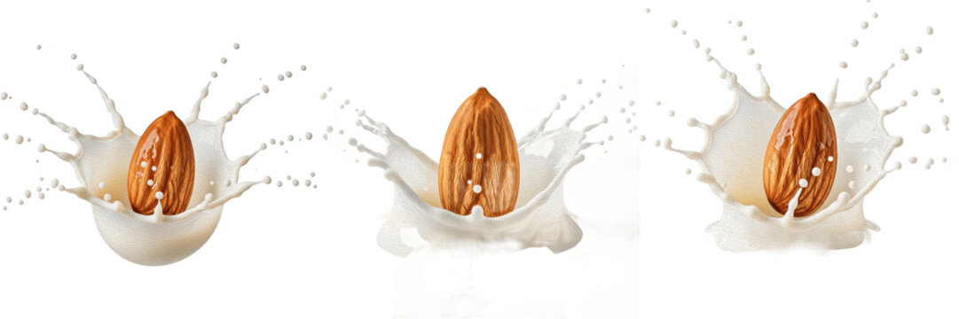 Almond nut plant fluid liquid showing high velocity freeze motion splash droplets, showcasing organic plant fluid parameters, distinct cellular taxonomy traits, botanical properties within drink file.