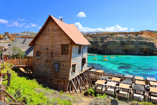 PRAJET BAY ANCHOR BAY MALTA: Popeye or Sweethaven Village, is a purpose-built film set village that has been converted into a small attraction fun park of a collection of rustic wood houses