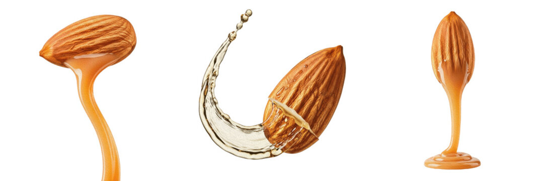 Almond seed nut fluid liquid stream falling down under gravity force pour motion, showcasing organic plant fluid parameters, distinct cellular taxonomy traits, botanical properties within drink file.
