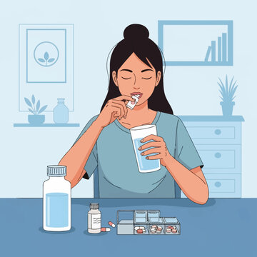 Flat vector illustration of a woman taking a dietary supplement or medication pill, holding a glass of water with a pillbox organizer and medicine bottles on a table.