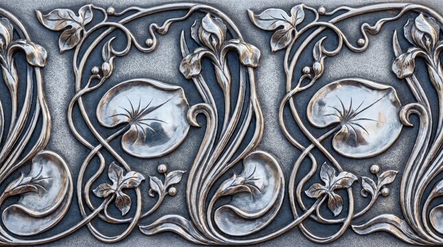 Art Nouveau Silver Metal Relief Floral Panel Architectural Detail for Luxury Interior Design Heritage Restoration and Background Use