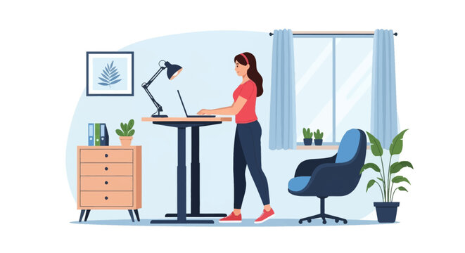 Vector illustration of a woman working on a laptop at an adjustable height standing desk in a bright home office with an office chair, houseplants, and a window with curtains.