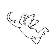 Fototapeta premium vintage cherub cupid with carrying moon outline sketch