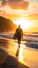 Fototapeta premium Man walking on beach at sunset.