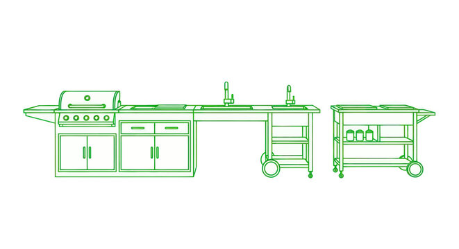 Outdoor Kitchen Line Drawing: BBQ Grill, Sink Station, and Serving Cart