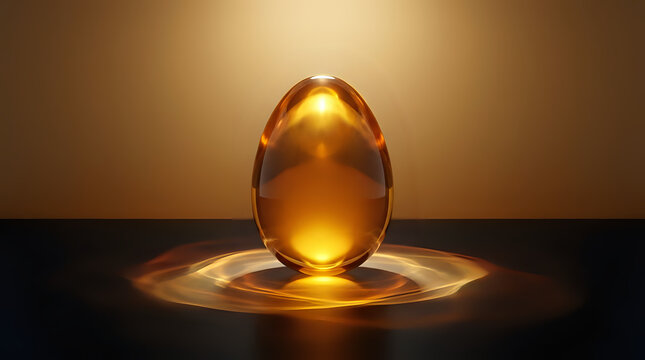 Golden egg-shaped capsule or orb glowing with internal light and resting on a liquid surface evoking concepts
