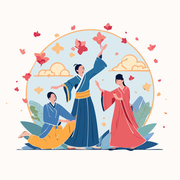 People in Traditional Chinese Clothing Celebrating with Falling Flowers