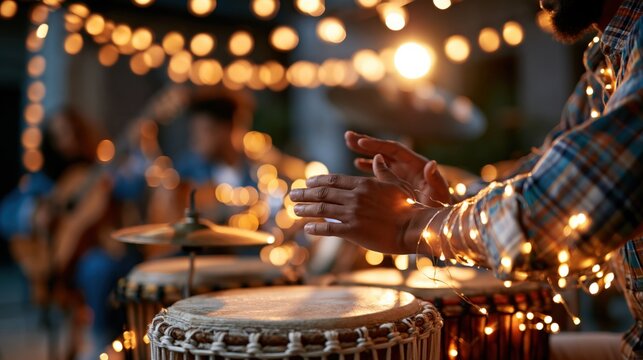Rhythm of the Night: Hands skillfully clap in unison, creating a captivating beat on African drums, illuminated by the soft glow of fairy lights during an outdoor evening gathering.