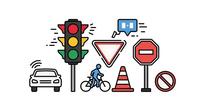 Traffic Safety Elements and Road Infrastructure Illustration.
