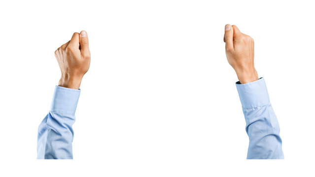 Businessman two raised hands with clenched fists isolated on transparent background