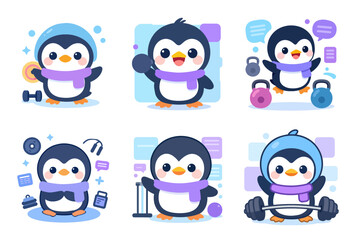 Fototapeta premium Kawaii Chibi Penguin Fitness Cute vector illustration of a penguin doing strength training with kettlebell and dumbbell cardio workouts in the gym