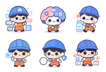 Fototapeta premium Kawaii chibi set Vibrant flat vector illustration of EHR data flow, medical records, and integrated patient care technology for digital health solutions