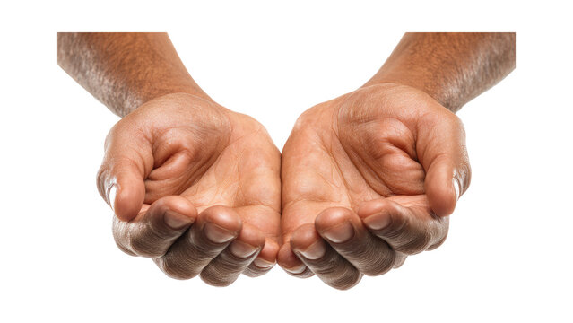 Male empty open cupped hands reaching out isolated on transparent background