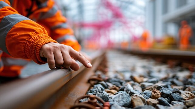 Railway Worker Inspecting Tracks: A close-up shot focuses on a gloved hand of a railway worker in an orange high-visibility jacket gently touching the steel railway track.
