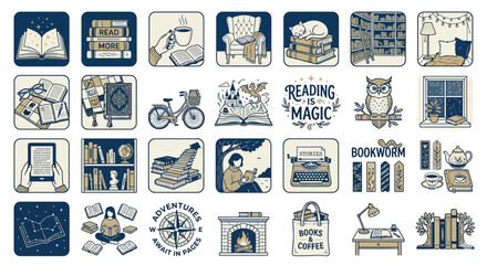 Embrace the serene escape and intellectual adventure of reading with this charming collection of hand-drawn icons celebrating books, cozy literary moments, and the magic of storytelling © Mignonette Desire