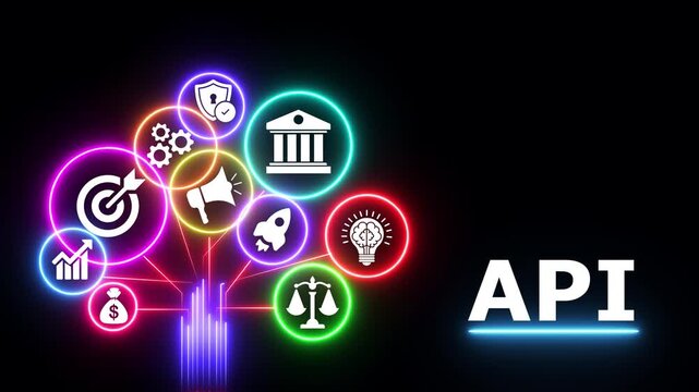 Neon api concept tree with glowing business and technology icons on black background.