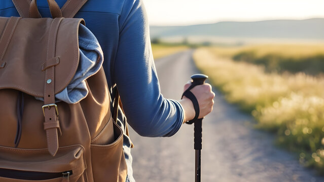 Woman walking with backpack along rural road surrounded by open fields under soft daylight conveying travel, freedom, simplicity. Concept art.