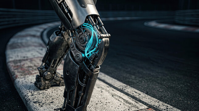 Detailed Futuristic Bionic Leg with Glowing Blue Wires on Racetrack Curb