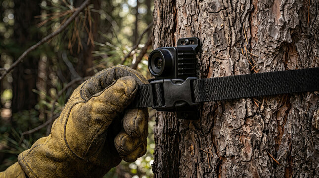 Worker Attaching Trail Camera to Pine Tree for Outdoor Wildlife Security Monitoring