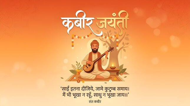 Sant Kabir Jayanti Illustration of Saint Kabir Das Playing Ektara Under a Tree with Hindi Greeting