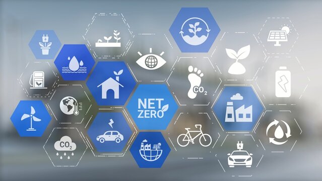Net zero and sustainability concepts with environmental balance, digital sustainability icons, green energy goals, and eco-conscious digital business transformation for the future. Gist
