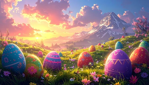 Colorful Easter eggs in a field.