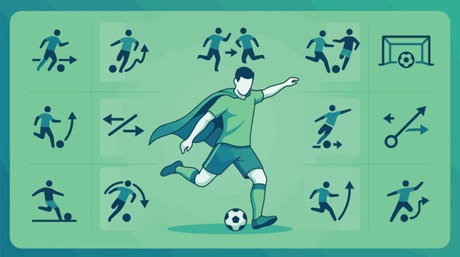 Modern flat vector illustration of a soccer midfielder wearing a superhero cape, surrounded by technical tactical icons, play diagrams, movement arrows, and football coaching strategy visuals.