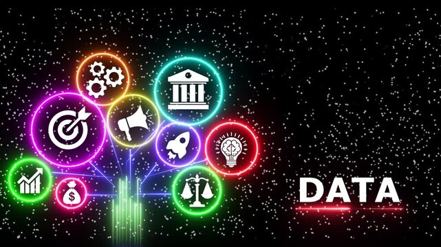Digital data network concept with glowing icons on tree structure for technology.