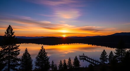 Fototapeta premium Sunset over serene lake with trees.