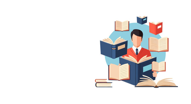 An illustration of a man in a suit surrounded by many open books, representing learning, education, and knowledge acquisition.