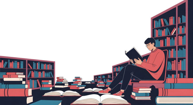 A young man sits on a pile of books, engrossed in reading, surrounded by bookshelves and scattered books in a library setting.