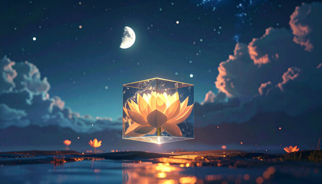 Glowing lotus flower in glass cube on serene water under starry night sky