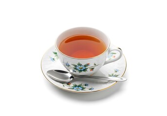Fototapeta premium Elegant teacup and saucer with tea and spoon isolated on white background