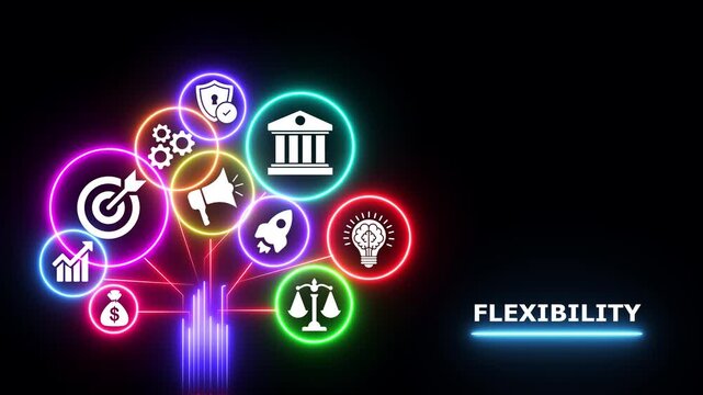 Abstract flexibility concept with glowing neon business icons animation on dark background.