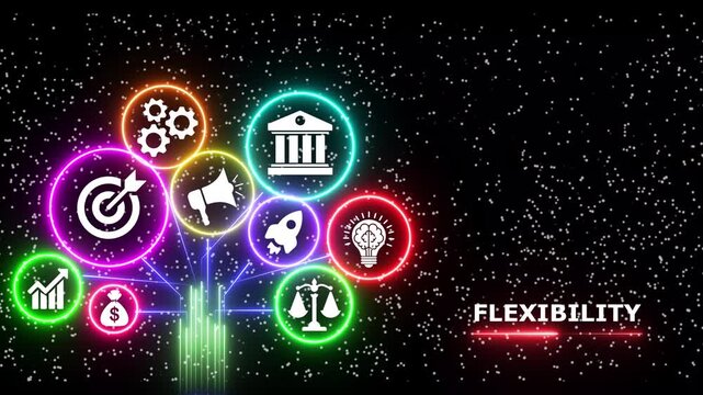 Business growth and flexibility abstract concept with glowing icons motion.
