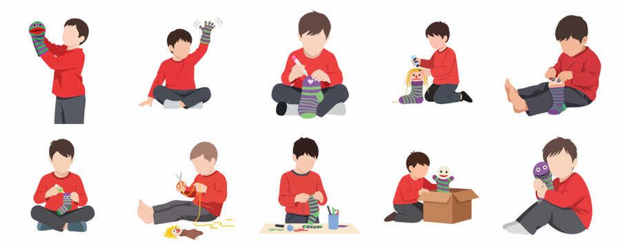 Set of illustrations showing a boy making and playing with a DIY sock puppet, creative craft activity for children