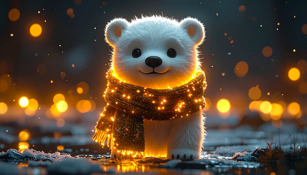 Cute polar bear in glowing scarf on snowy ground at night