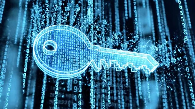 A blue-tinted image of a key made of binary code on a background of streaming data