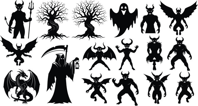 Halloween Demon and Grim Reaper Silhouette Vector Collection with Devils, Ghosts, Bats, Dragon, and Spooky Horror Characters