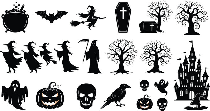 Halloween Silhouette Vector Collection with Witches, Haunted Castle, Ghosts, Coffins, Bats, Grim Reaper, Pumpkins, and Spooky Horror Elements