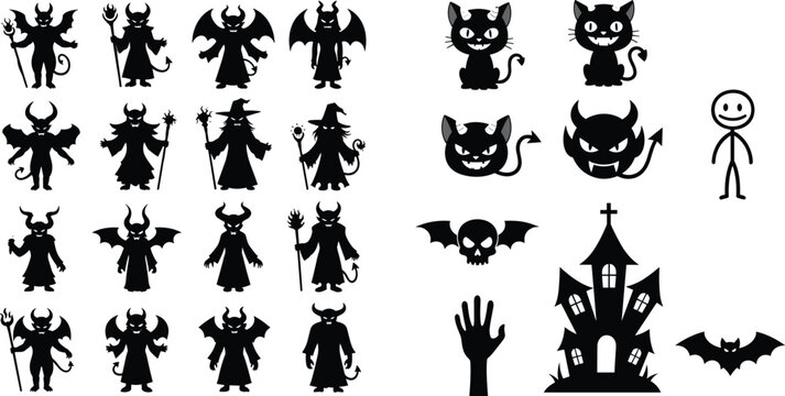 Halloween Devil and Demon Silhouette Vector Collection with Black Cats, Haunted House, Bats, Skull, and Spooky Horror Characters