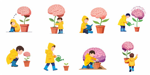 Obraz premium Educational Illustration Set of a Child Nurturing a Brain Plant Symbolizing Mental Growth and Intelligence Development