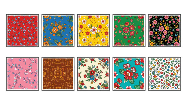 Collection of colorful floral patterned fabrics with various designs