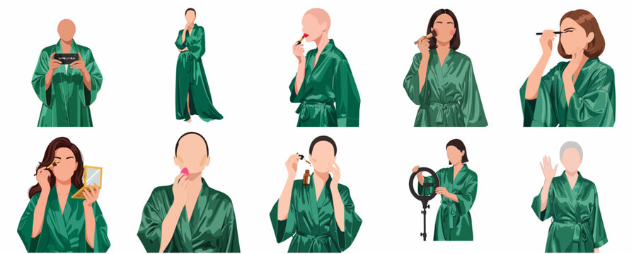Set of diverse women in green robes performing beauty routines and content creation, minimalist vector illustrations